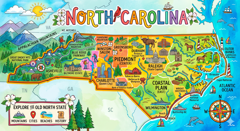 A colorful, illustrated map of North Carolina titled "North Carolina" with a cardinal and dogwood flowers. The map highlights three regions: the Appalachian Mountains in the west with icons for Asheville and a bear; the Piedmont center featuring Charlotte, Raleigh, and Durham; and the Coastal Plain in the east showing Wilmington, lighthouses along the Outer Banks, and wild horses.