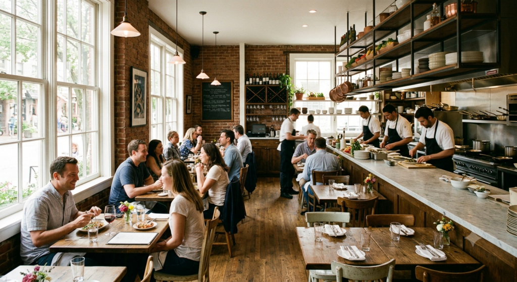 A bustling, clean commercial kitchen protected by restaurant general liability & property insurance.