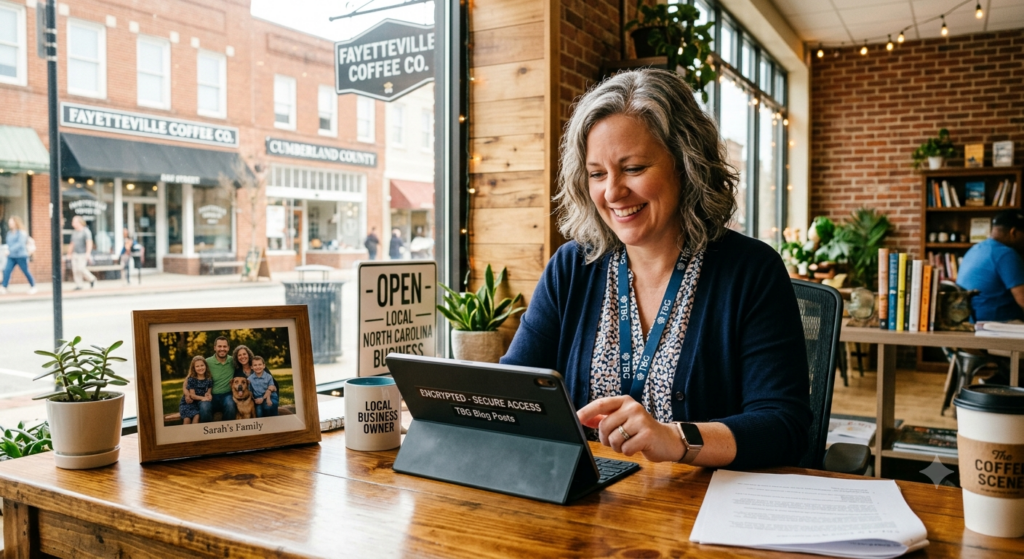 A local business owner securing client data and protecting family assets using specialized cyber liability insurance NC coverage.